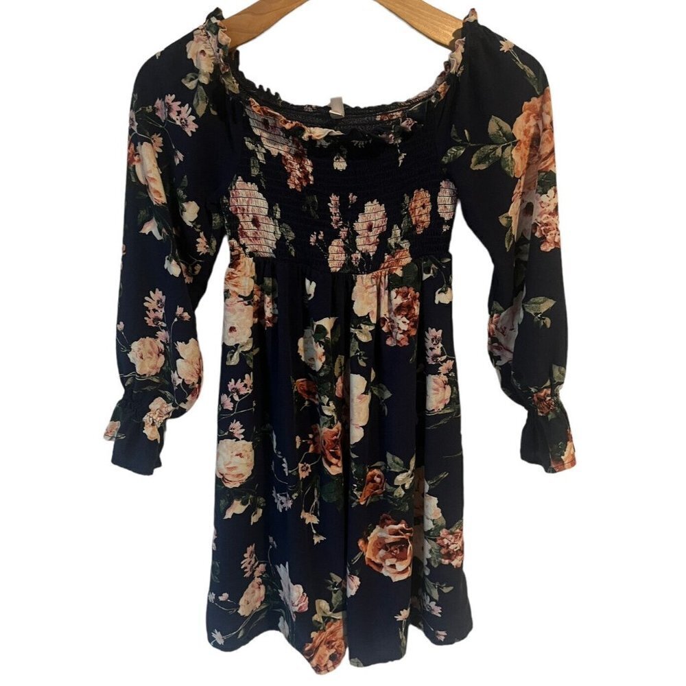 Xhileration Women’s Floral Top Long Ruffle Sleeve Shirt Blouse Navy Size XS